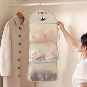 Multi Purpose Multi Layer Mesh Storage Hanging Bag, Hanging Storage with Metal Hanger Mesh Pockets for Bra Underwear Socks, Mesh Pockets Hanging Storage Bag Big Pockets for Door Wall Closet, 1 to 3 layers, Hangable