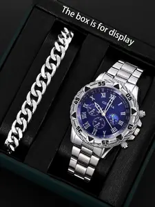Men's Watch Set, Durable Watch, Silver Color Analog Quartz Wristwatch, Blue Dial, Casual Style, Includes Bracelet, Perfect Gift for Him, All Seasons Wear