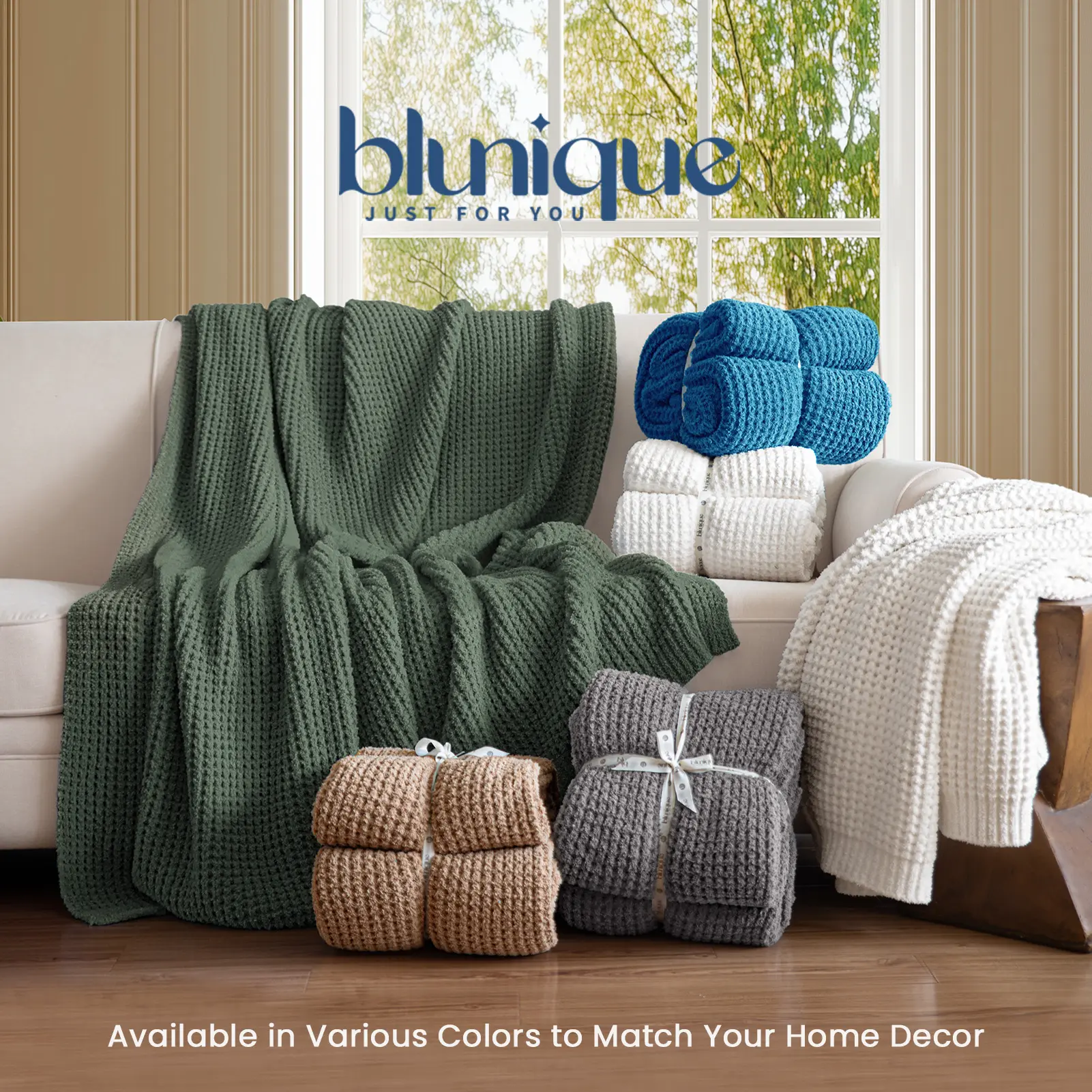 BLUNIQUE Waffle Knit Twin Size Blanket, Thick Ultra Soft Feather Yarn Chunky Knitted Bed Blanket for Couch, Sofa and Bed, Luxury Cozy Bedroom and Living Room Decor