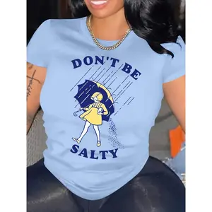 100% Cotton Women's Light Blue T - Shirt "Don't Be Salty" Graphic With Umbrella Girl Print Tee Playful And Sassy Top With 10 Colors Available For Casual Daily Wear Outings And Fun - Loving Style Statements