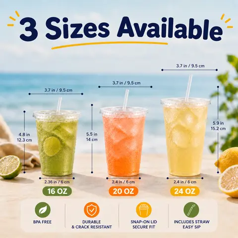 24oz Disposable Plastic PET Cups with Leak-Proof Lids & Straws Included, Sturdy Cold-Drink Cups for Halloween Parties, BBQs (50/100 Pack)