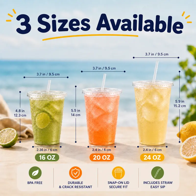 24oz Disposable Plastic PET Cups with Leak-Proof Lids & Straws Included, Sturdy Cold-Drink Cups for Halloween Parties, BBQs (50/100 Pack)