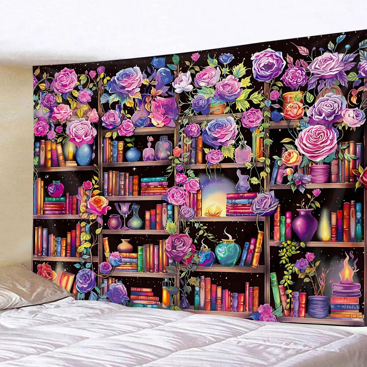 Magic Bookshelf Pattern Tapestry, Colorful Plant Flower Tapestry, Mysterious Starry Sky Bookshelf Background Banner, Bedroom Tapestry, Wall Hanging, Decor, Home Bedroom Decor, Boho Decor, Bohemian Tapestry Style
