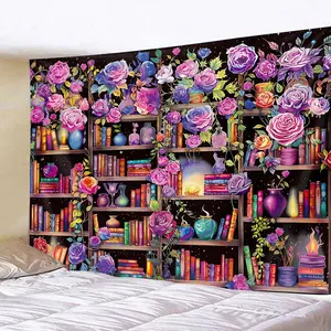 Magic Bookshelf Pattern Tapestry, Colorful Plant Flower Tapestry, Mysterious Starry Sky Bookshelf Background Banner, Bedroom Tapestry, Wall Hanging, Decor, Home Bedroom Decor