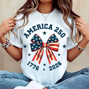 America 250 Stars & Stripes Bow Graphic T-Shirt, Patriotic USA Flag Print Tee, White Crew Neck Short Sleeve Top, Independence Day Celebration Shirt, Casual Summer Outfit, Fourth of July Outfit