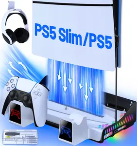 PS5 Wall Mount Kit with Cooling Station and Dual Controller Charging Station for Playstation 5 Slim Disc & Digital, PS5 Accessories-PS5 Stand with Cooler Fan, RGB Light, Headset Holder for PS5 Console