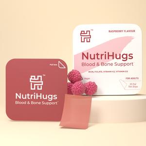 NutriHugs Blood & Bone Support Strips Supplement - 30 Raspberry Flavored Oral Melts - Vegan, Non-GMO, Sugar-Free Healthcare Supplement