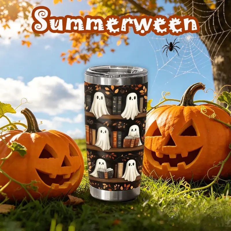 Halloween Ghost Bookshelf Vacuum Insulated Tumbler, Reusable Tumbler, 20oz Stainless Steel Mug with Lid, Thermo Cup, Perfect Gift for Men and Women, Durable Design, Cold and Hot Drinks