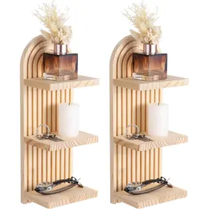 2 Pcs Boho Wall Shelf, Arched Wood Floating Shelf 3 Tier, Arch Wall, Bohemian Style Wooden Wall Mounted Shelf for Living Room, Bedroom, 5.9 x 4.3 x 15.7 in