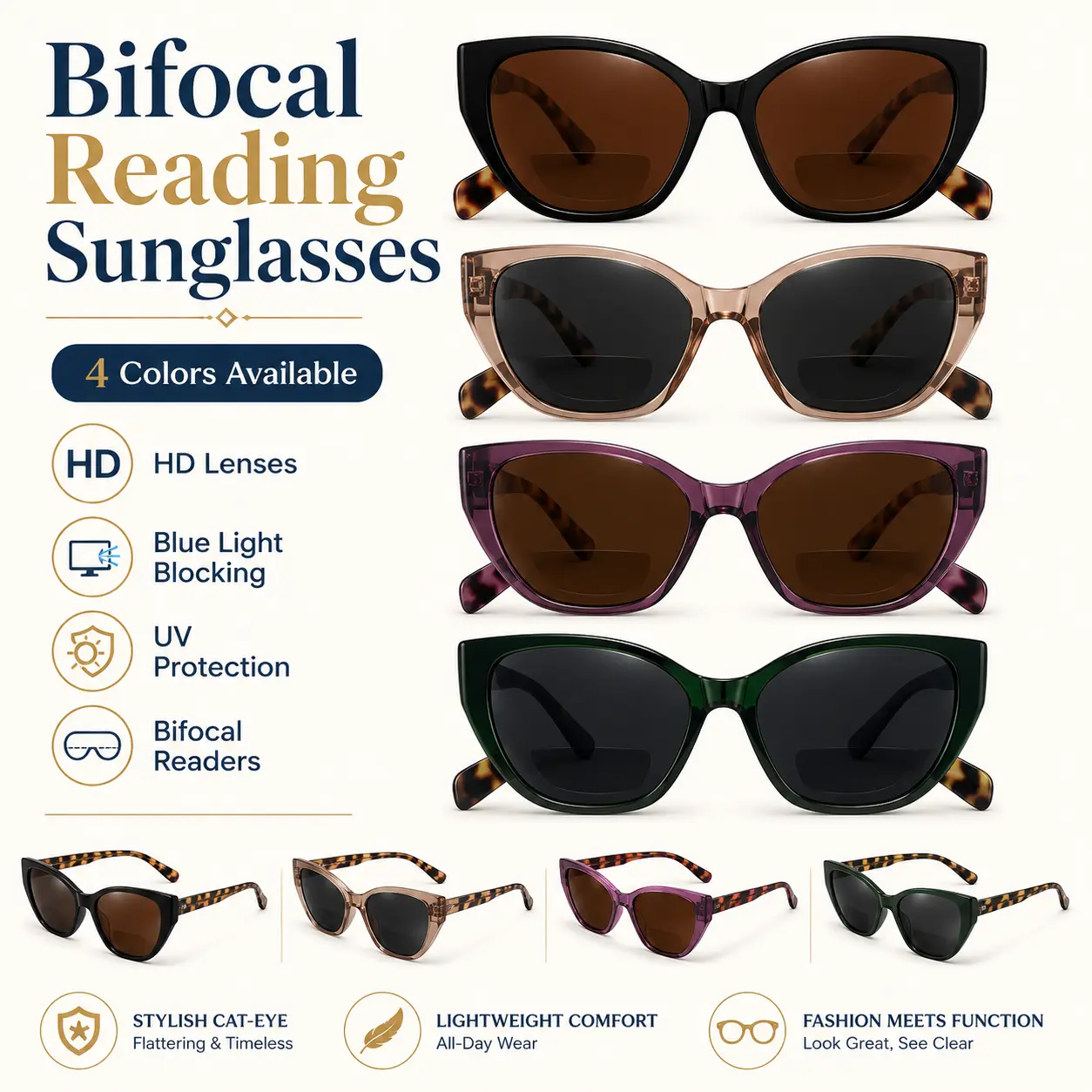 Bifocal Reading Sunglasses for Women, Cat Eye Sun Readers with UV Protection, Blue Light Blocking HD Lenses, Lightweight Outdoor Reader Glasses