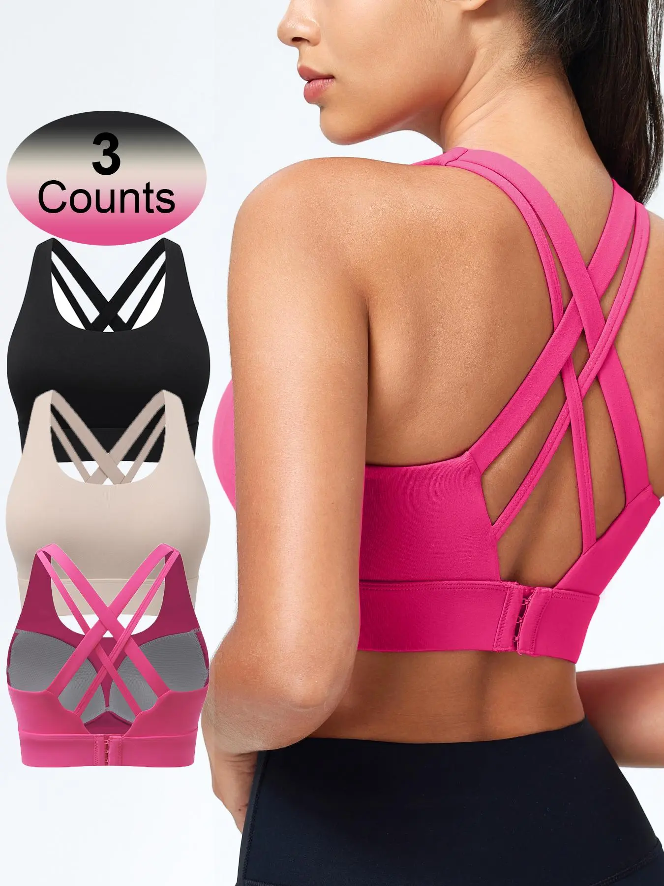 Women's Solid Criss Cross Back Sports Bra, Workout Yoga Bra, Breathable Comfortable Adjustable Hook & Eye Closure Bra, Soft Non-removable Moulded Cups, High Impact Running Workout Bras for Women