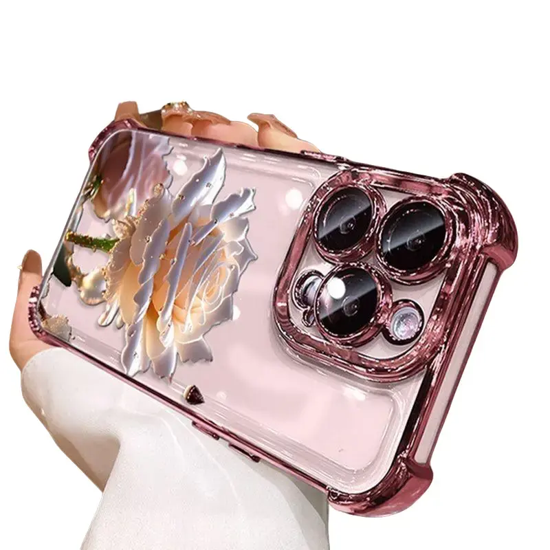 Crystal Clear Rose Phone Case for iPhone 15 16 Plus 14 13 12 11 Pro Max - Premium Slim Shockproof Four-Corner Airbag Electroplating Protective Casing for Men and Women - Cellphone   Casing Protector Protection