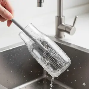 Flexible Long-Handle Deep Cup Brush for Narrow Bottles - Anti-Mold Anti-Bacterial, Heat-Resistant & Scratch-Proof Glass Cleaner. Kitchen Specialty Tool for Wine Glasses, Jars, Hard-to-Reach Containers. Easy Rinse, No Residue.