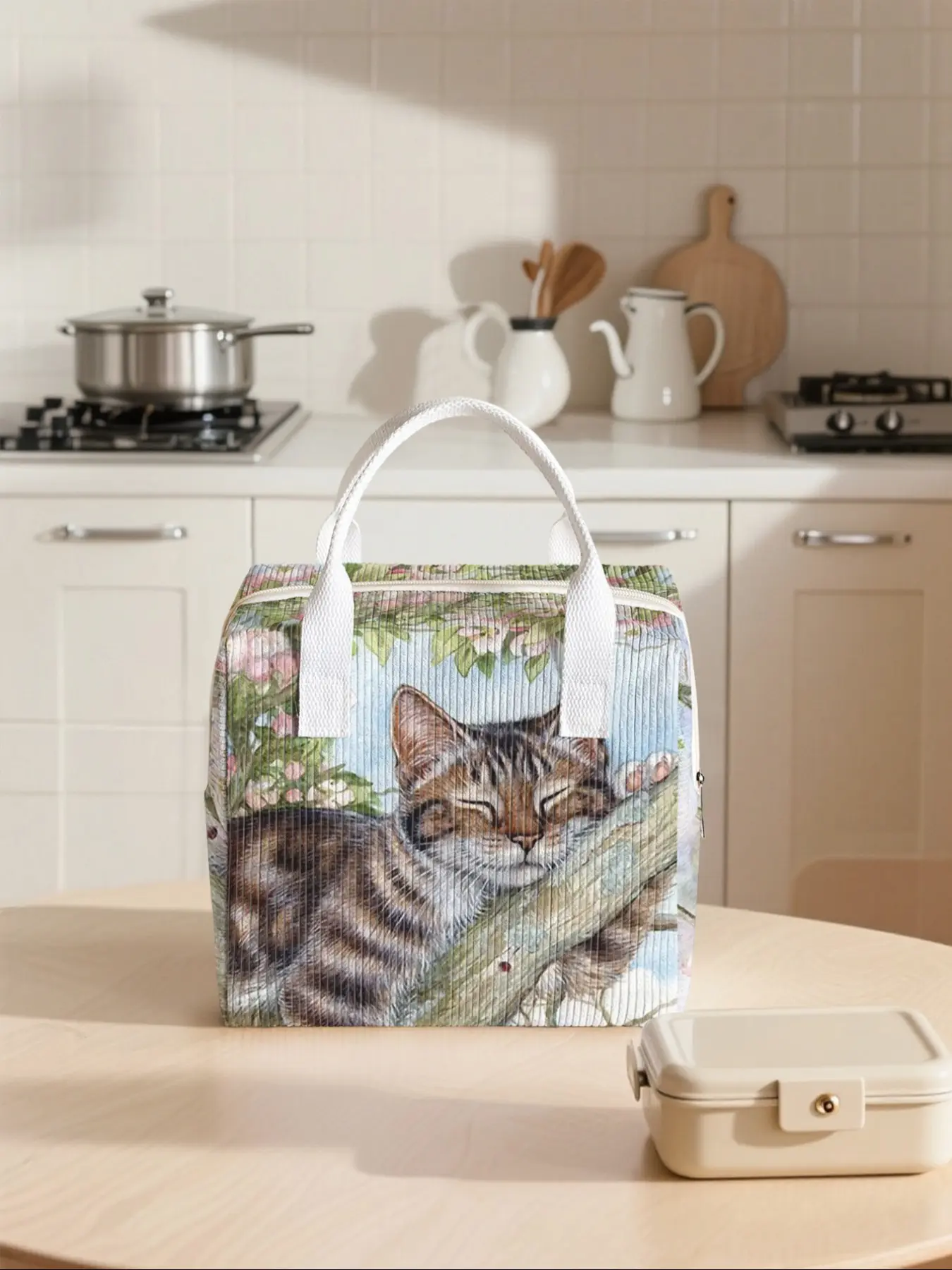 Cat Pattern Durable Lunch Bag, Portable Insulated Handbag, Non-Contact, Suitable for Work, School, Picnic, Travel, Casual Style, Reusable Lunch Bag, Zipper Lunch Bag