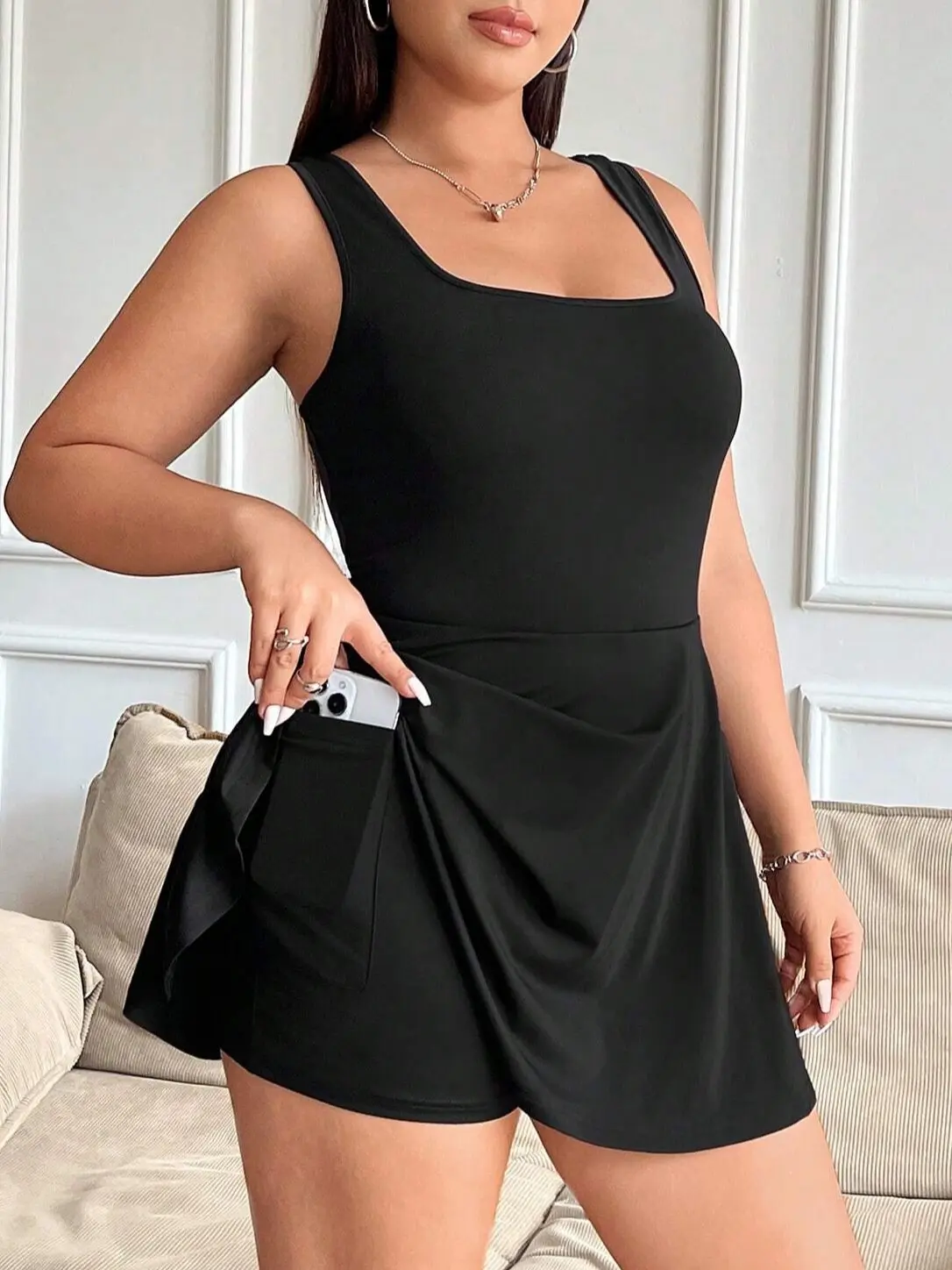 Women's Plus Size Leopard Print Sleeveless Skater Dress - Scoop Neck, Straps, Curvehug Waist, Playful Skater Cut, Flared Skirt, Hidden Pockets, Pull-On Close, Seamless Shiny Stretchy Spandex Knit Fabric, Casual Wear