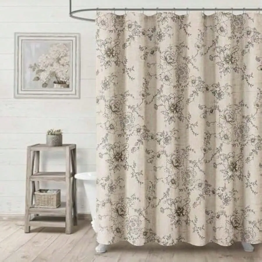 1 Piece Farmhouse Floral Decorative Shower Curtain - Black Linen Pattern, Garden-Inspired, Ramadan-Ready, 71x71 in Tan Taupe Bathroom Curtain, Floral Shower Curtain