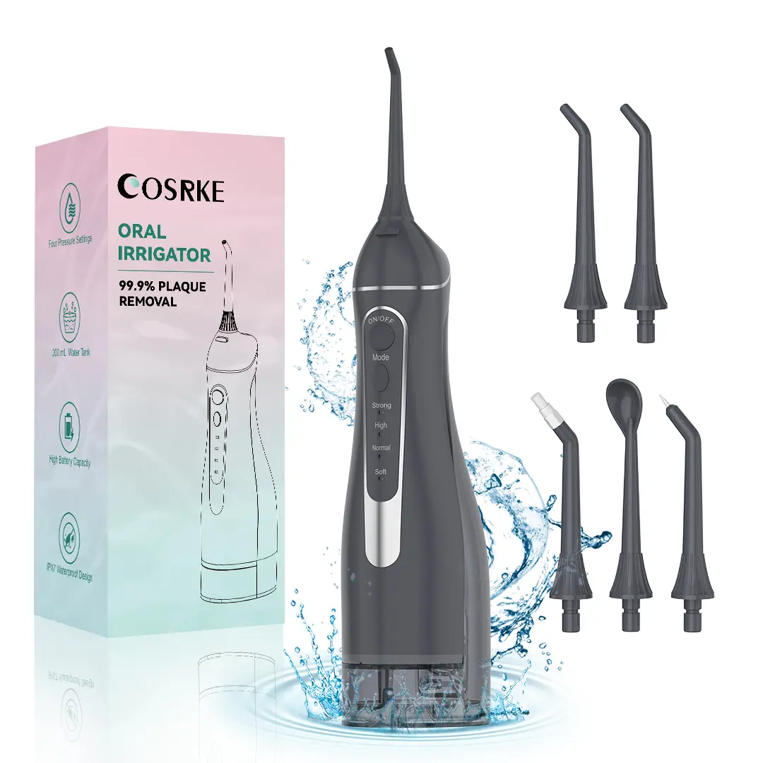 Cordless Water Flosser for Teeth Cleaning, Rechargeable Reusable Oral Irrigator with 300ML Tank, 4 Modes & 5 Nozzles, Portable for Travel & Braces, IPX7 Waterproof - Black, Rechargeable Reusable Oral Irrigators, Flosser Oral Irrigators