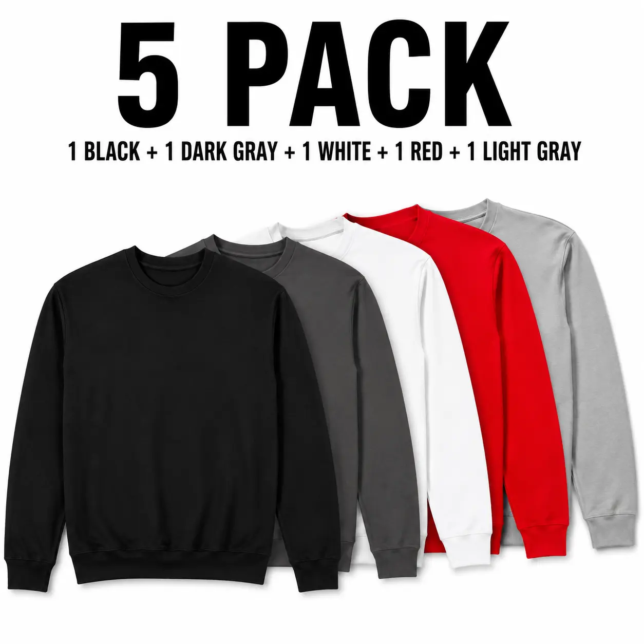 Women's Unisex 5-Pack Minimalist Poly-Cotton Crewneck Sweatshirts - Black, Dark Gray, White, Red, Light Gray Solid Pullover Tops, Casual Long-Sleeve Streetwear, Relaxed Fall Winter Layering Shirts,sohochic