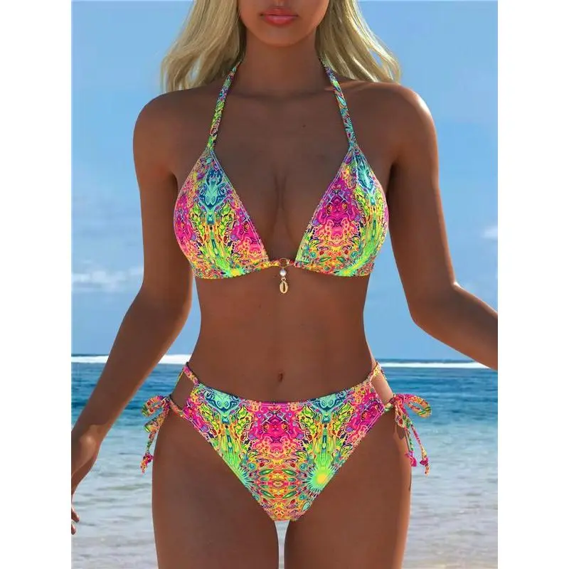 New halter printed tie-up quick-dry two-piece bikini set for women, sexy backless beach swimwear with adjustable tie design, high-waisted style, summer beach swimwear for women.