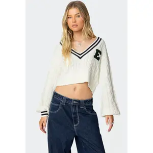 Collegiate Cropped Cable Knit Sweater