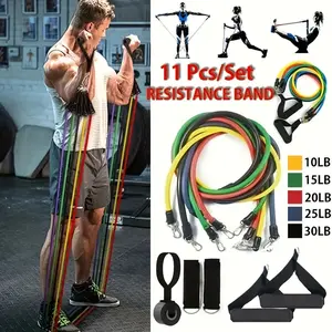 Full Body Workout Resistance Bands - 11 Pcs Set, Durable High-Quality Rubber Material, Includes 2 Handles, 2 Straps, 1 Door Anchor & 1 Carrying Pouch