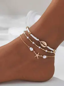3 Piece Summer Beach Style Metal Starfish Shell Bead Glass Anklet Bracelet Set, Elegant Resin Chain, All Seasons Jewelry for Women