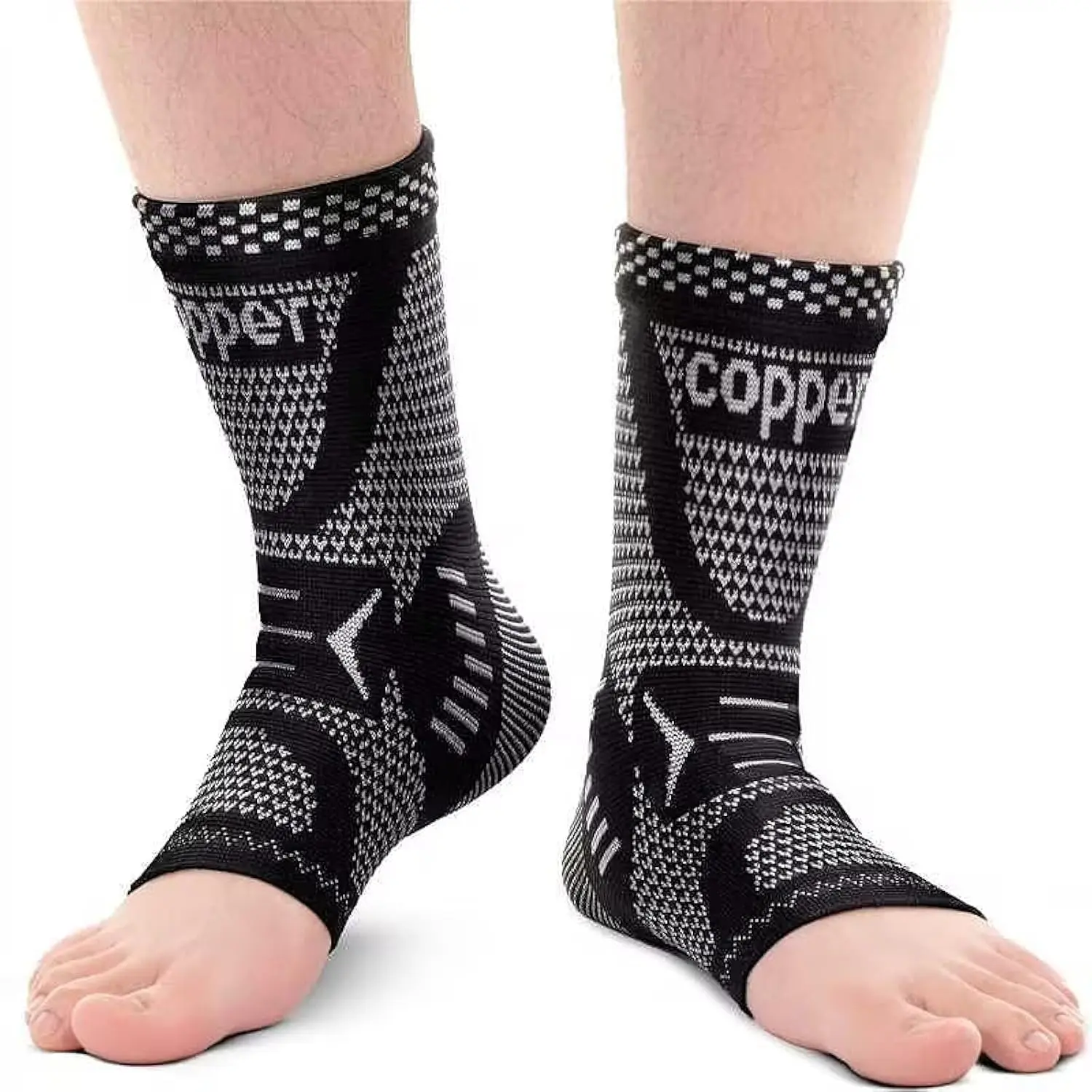 Sports Copper Ankle Brace Ankle Compression Sleeve Support Ankle Brace for Women & Men, Achilles Tendonitis Brace, Plantar Fasciitis, Sports, Silver Black, L