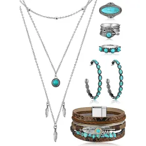 Bohemian Western Jewelry Turquoise Set Women Bohemian Pendant Long Choker Layered Bracelets Turquoise Earrings Ring Necklace