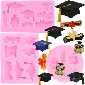 Graduation Silicone Mold Set of 3, Doctoral Cap Diploma Scroll Fondant Candy Chocolate Mold For Cupcake Cake Decoration