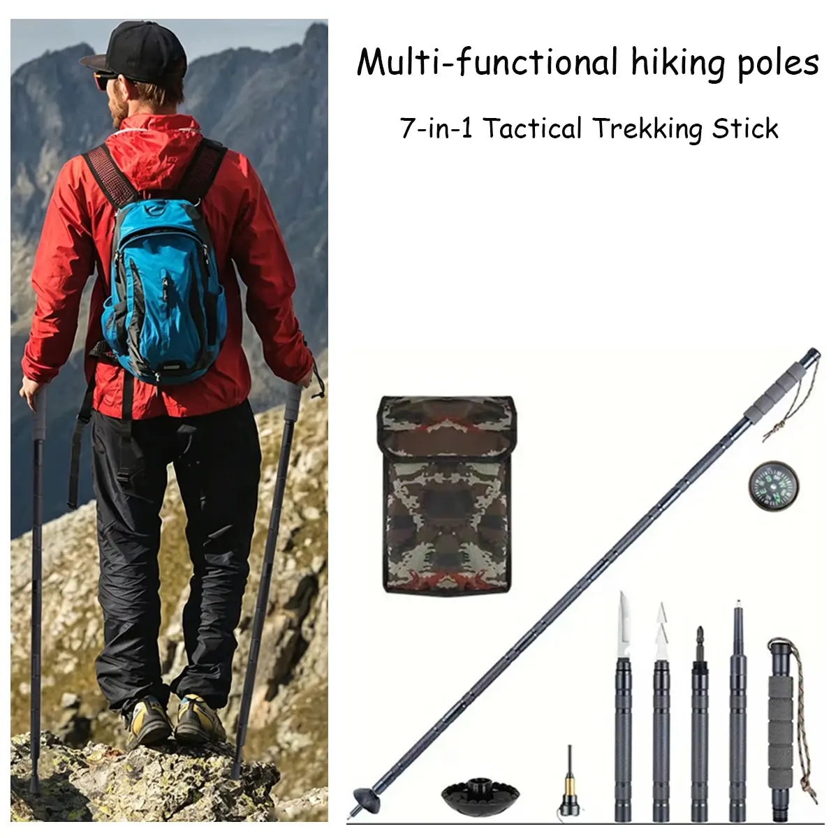 Lightweight Adjustable 7-in-1 Telescopic Aluminum Trekking Pole, Multifunctional Outdoor Survival Stick for Hiking, Camping & Mountain Climbing - Great Gift for Outdoorsmen