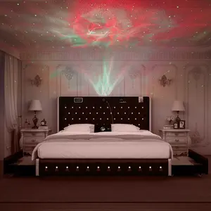 Queen LED Bed Frame Galaxy Projector  White Noise Bluetooth Music speaker,  , 46“ Tall Headboard with USB Charging ,  No Box Spring Required and No Mattress Included，Upholstered Bed with Wood Slat Support, Velvet