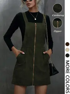 Women's Corduroy Zipper Strap Dress, Vintage Fashion Style, Easy to Match, Body-Flattering Fit Design, Perfect for Casual Wear, Basic