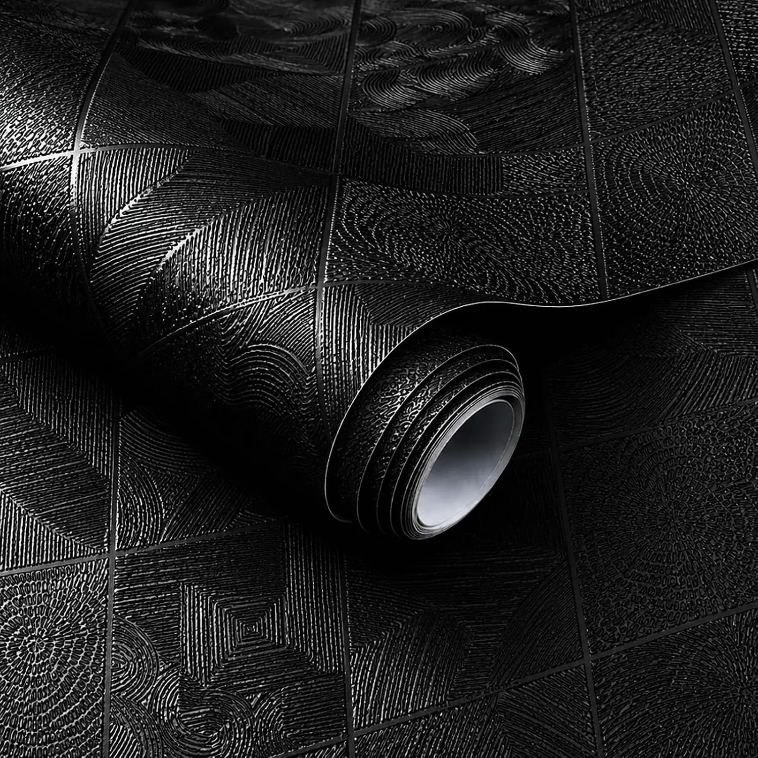 Simon&Siff 3D Embossed Black Textured Peel-and-Stick Wallpaper Roll, 17.3x800" Rectangular Removable Waterproof Self-Adhesive Gothic Contact Paper for Bedroom Bathroom DIY Decor, Renters-Friendly