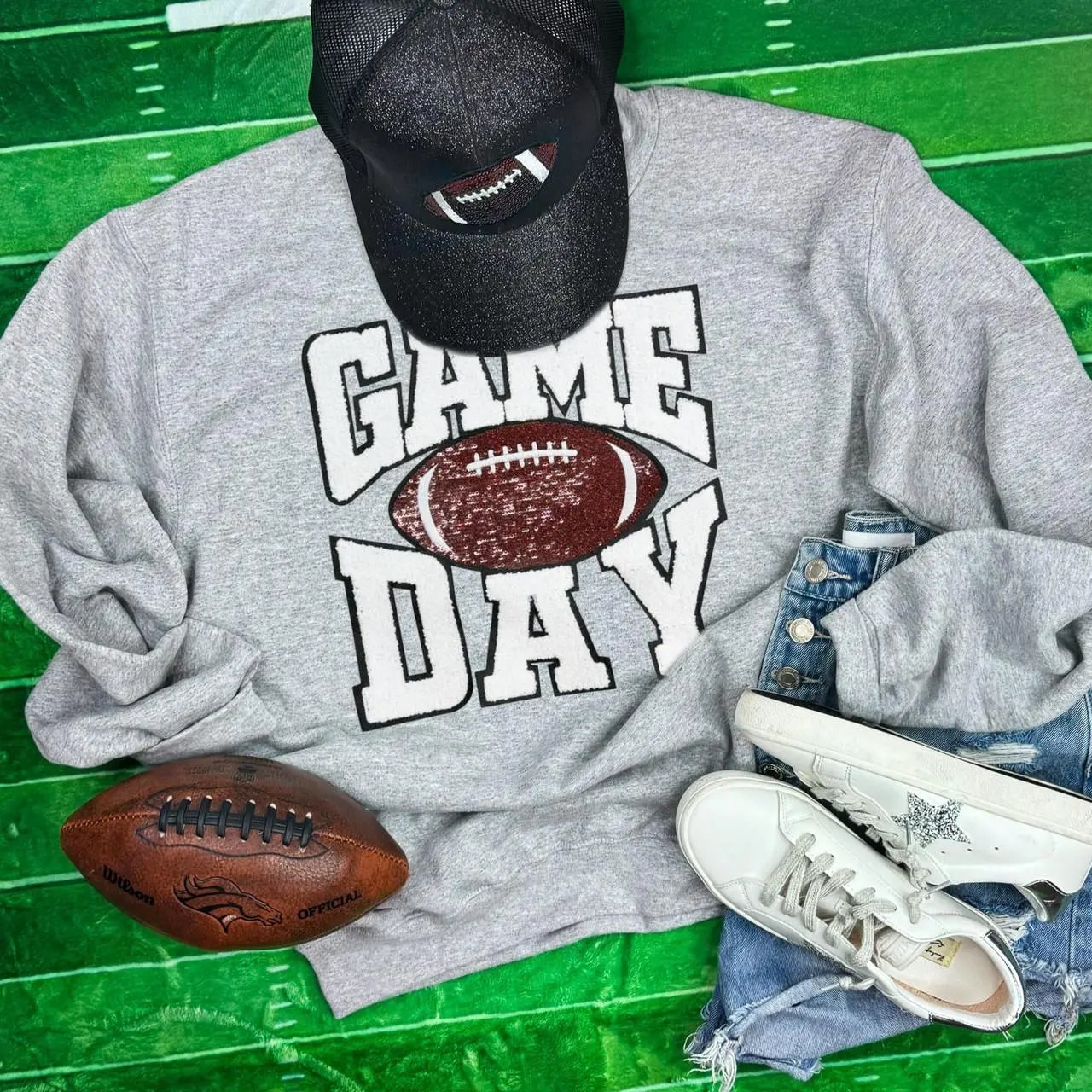 White Chenille Game Day with Sequin Football Patch