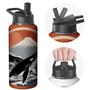 Stainless Steel Water Bottle with Flip Lid - Orange and Black - Mount Fuji and Whale Print - Outdoor Hiking and Travel Use