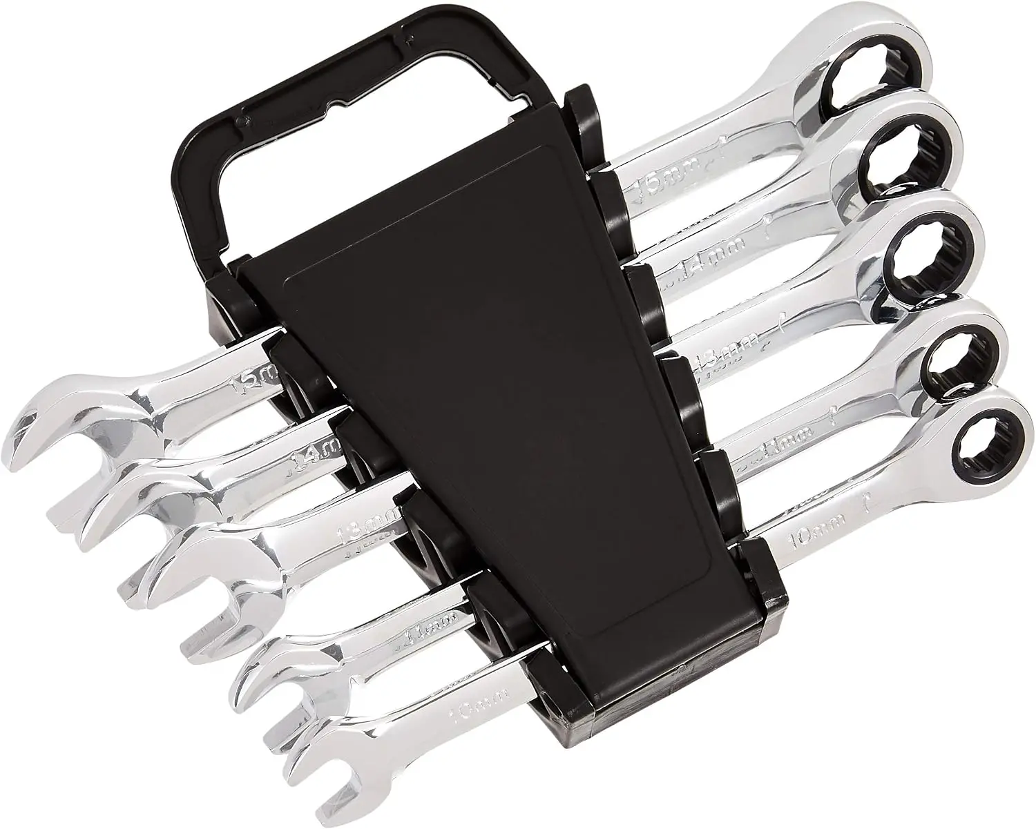 Metric Ratcheting Wrench Set, 5-Piece, Chrome Vanadium Steel, 72-Tooth, 10mm, 11mm, 13mm, 14mm, 15mm, Black/Silver