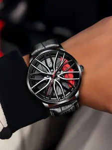 A men's black leather strap with a red face, car wheels, brake discs, student sports calipers, high-end waterproof quartz watch, Quartz Analog Watch