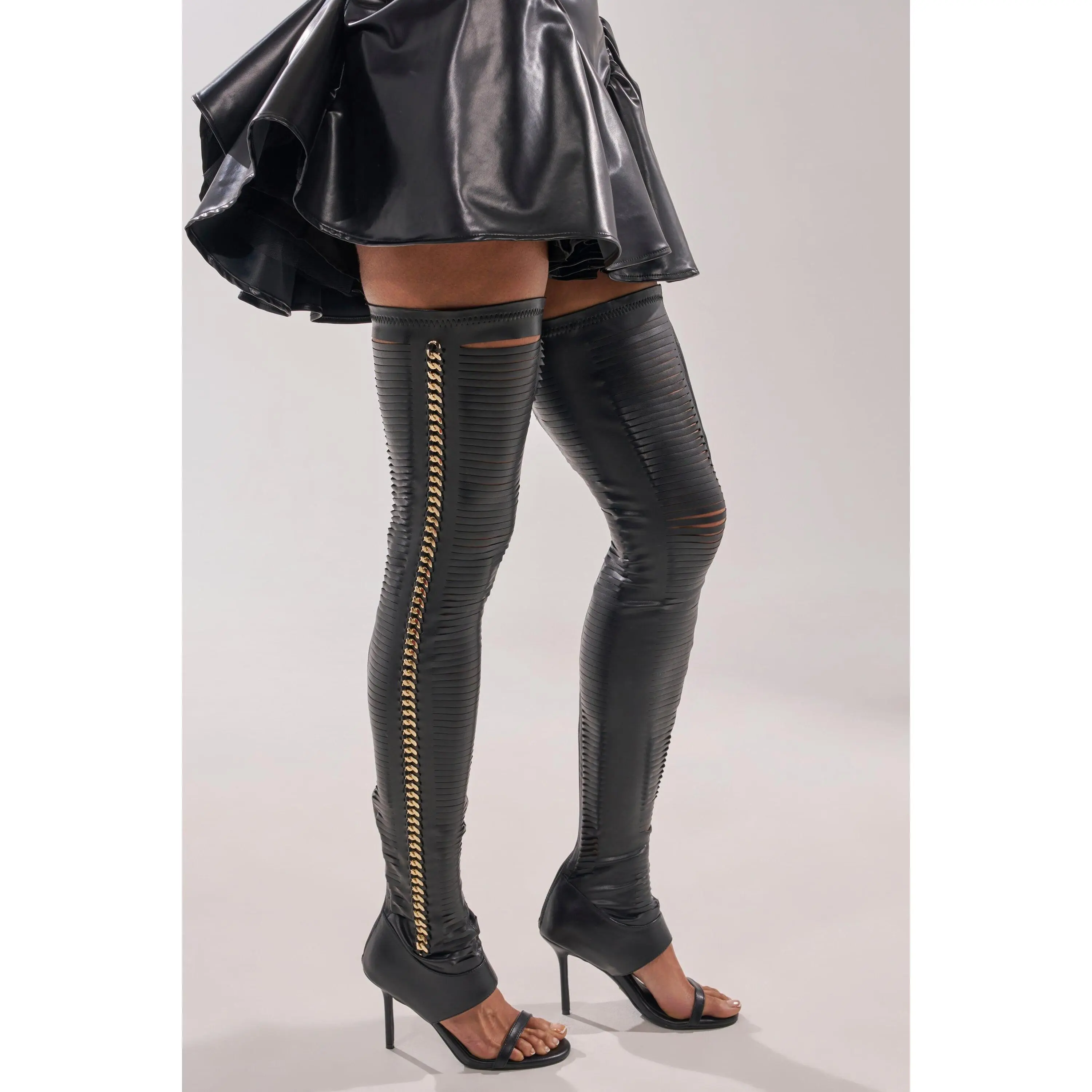 AZALEA WANG ZARIE BLACK THIGH HIGH STRETCH PU GOLD EMBELLISHED STILETTO BOOT