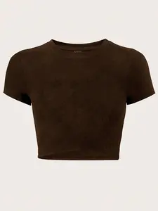 Women's Solid Basic Short Sleeve Crop Tee, Casual Round Neck T-shirt for Summer, Ladies Clothes for Daily Wear