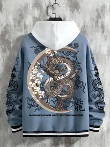 Men's Classic Letter Print Button-Down Bomber Flight Jacket Coats, Dragon Graphic Stylish Street Fashion Casual Style, Long Sleeve Fall & Winter Outerwear, Perfect Gift for Boyfriend Menswear