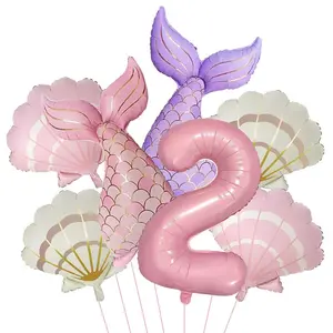 9pcs Matte Vintage Mermaid Shell Fishtail Number Balloon Set – Birthday Party Decorations and Photo Props for Children Ages 1–9