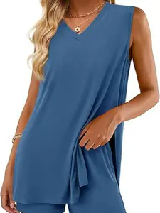 Women's 2026 V Neck Sleeveless Loungewear Set, Summer Long Tank Tops & High Waisted Shorts, Basic Casual Loose Fit Matching for Comfortable Wear