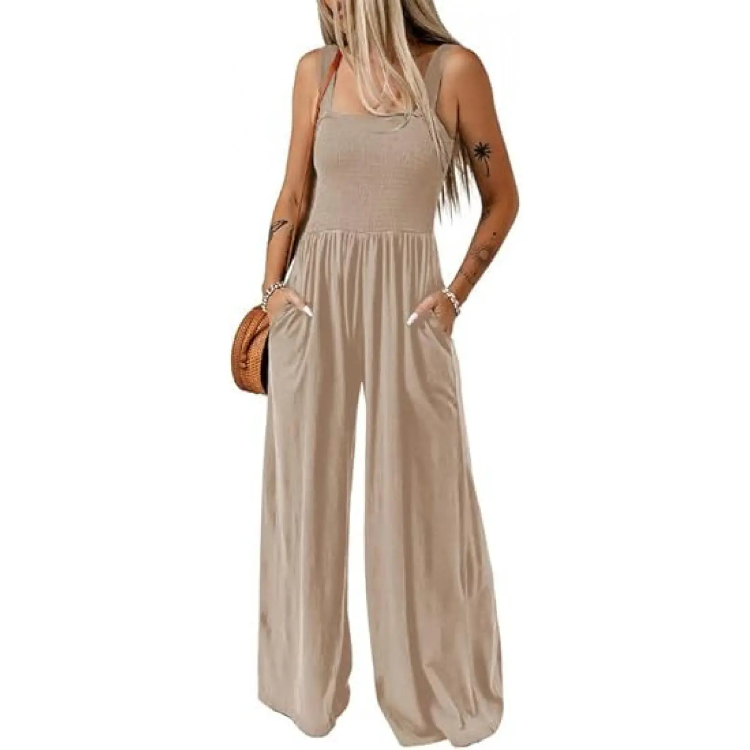 Dokotoo Women's Loose Sleeveless Jumpsuits Adjustable Spaghetti Strap Stretchy Long Pant Romper Jumpsuit with Pockets