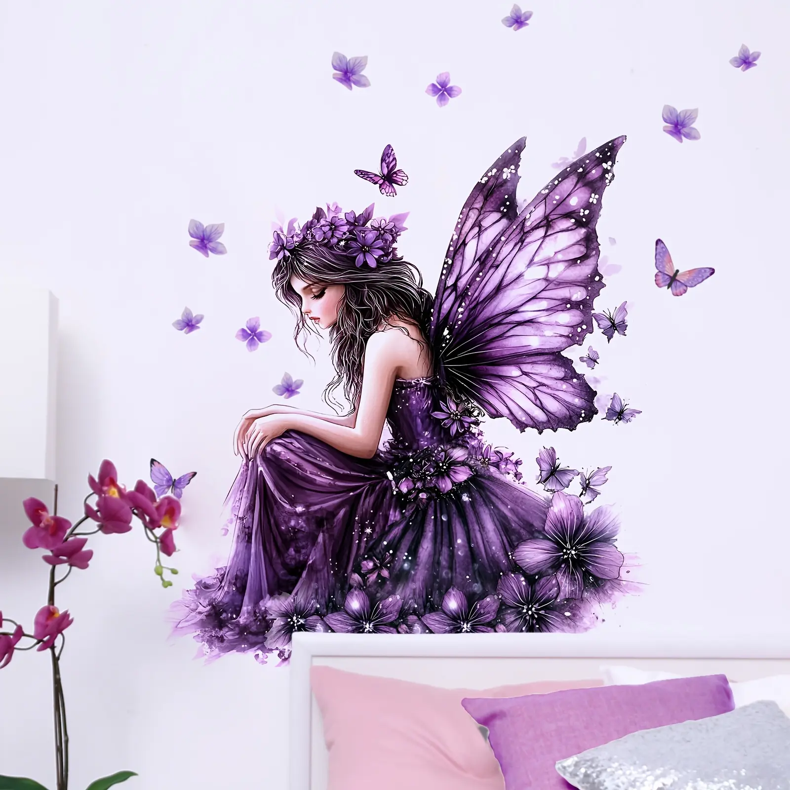 A set (30*60cm*2pcs) of creative purple-themed elf girl, flower and butterfly art wall stickers Decorative Wall Sticker for living room and entrance decoration Home Decor (M14246)