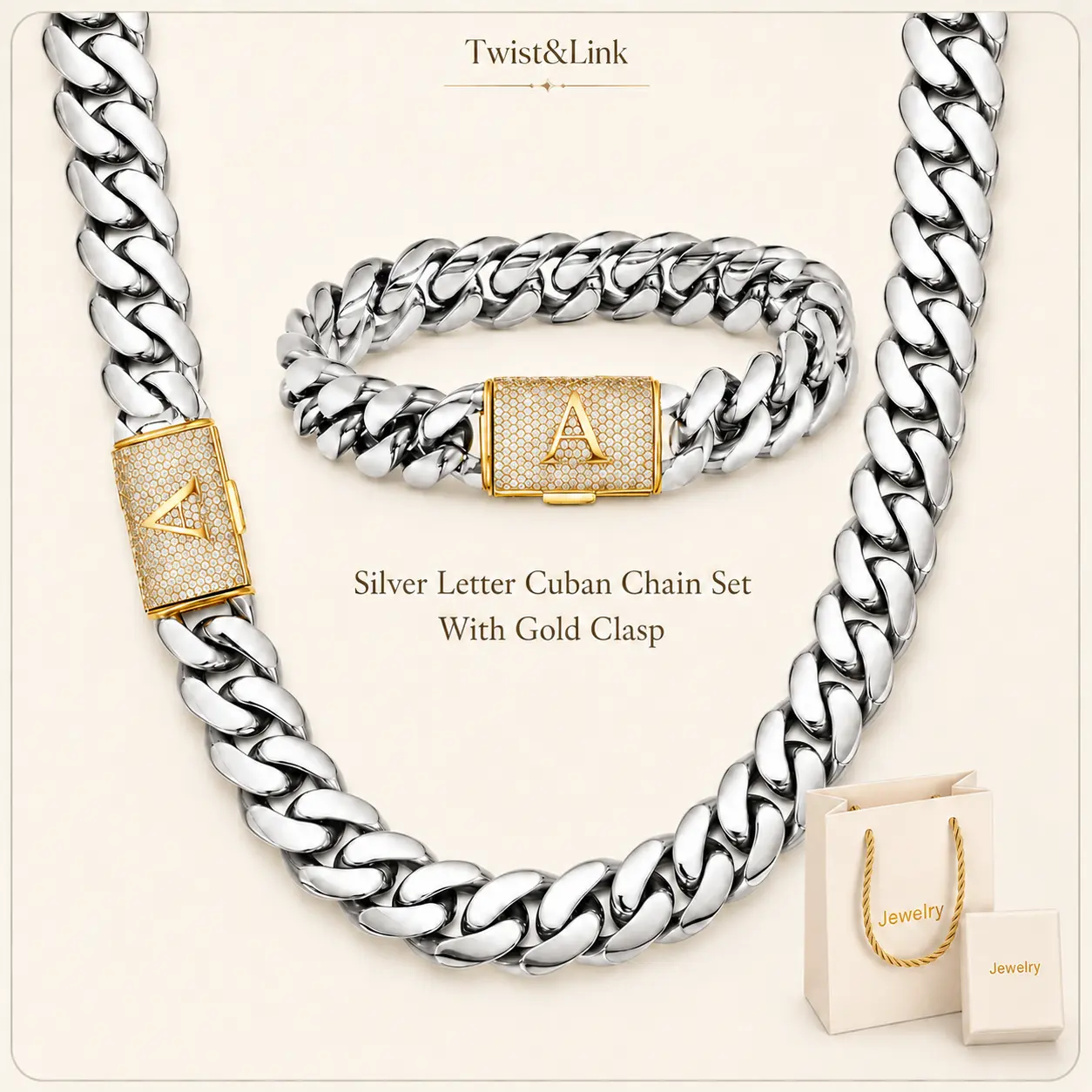 Men's 14mm Silver Stainless Steel Miami Cuban Link Jewelry Set - Gold-Tone A-Z Initial Clasp Necklace, Bracelet, Gold Chain Necklace Jewelry Set for Hip Hop Streetwear Gifting, Gold Chain Necklace Jewelry Sets