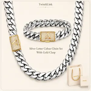 Men's 14mm Silver Stainless Steel Miami Cuban Link Jewelry Set - Gold-Tone A-Z Initial Clasp Necklace, Bracelet, Gold Chain Necklace Jewelry Set for Hip Hop Streetwear Gifting, Gold Chain Necklace Jewelry Sets