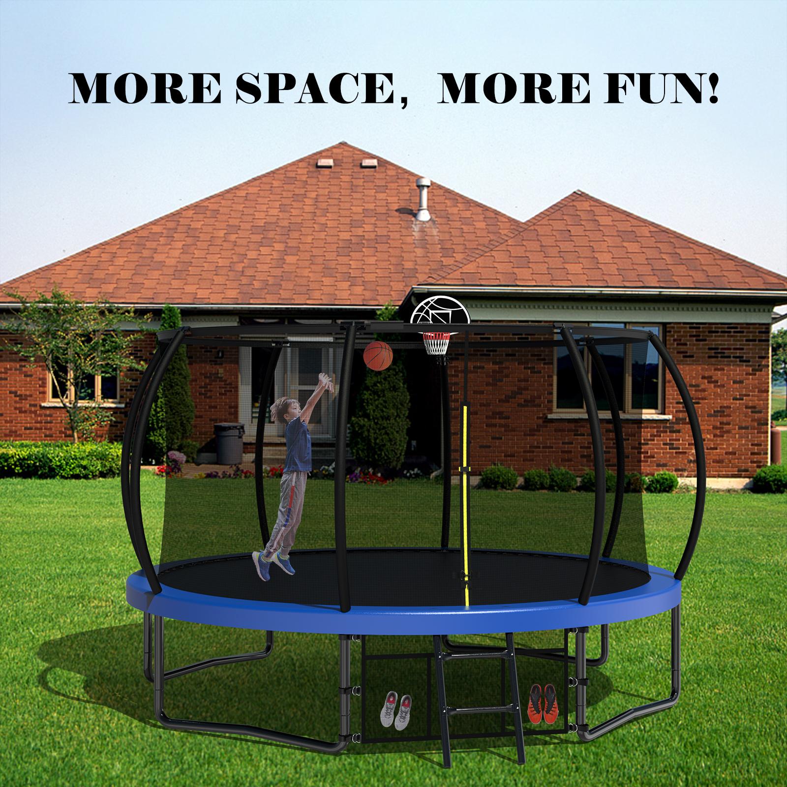 Dufominc 10/12FT Pumpkin Trampoline Outdoor with Basketball Hoop Enclosure Net & Ladder for Kids Fun Play Certified Safe ASTM F381-16 F2225-15 CPSIA Durable Materials UV Resistance Easy Installation