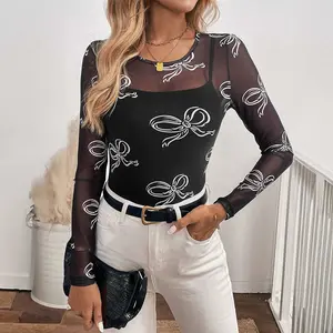 CUTE Bow Black Print Long Sleeve Mesh Top