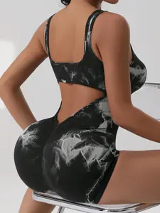 Women's Solid Striped Print Scoop Neck Racerback Tank Romper, Casual Comfy Breathable High Stretch Seamless Bodysuit for Daily Wear, Ladies Clothes for All Seasons, Tops, Ribbed Bodysuits, Seamless Ribbed Unitard