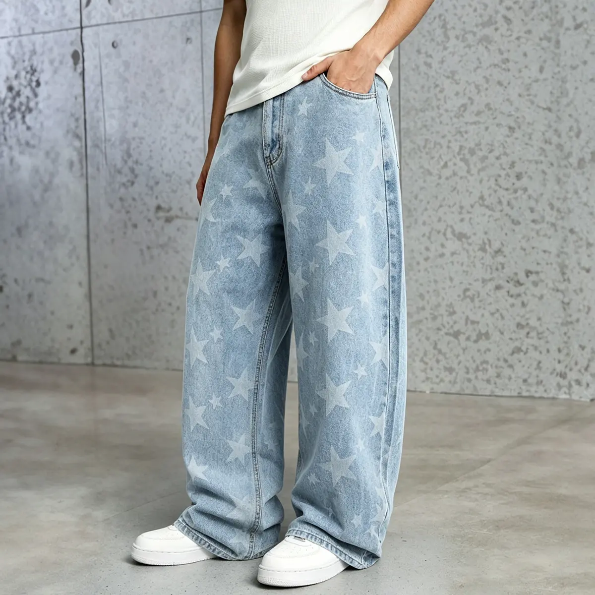 GINGTTO Mens Baggy Jeans Wide Leg Star Printed Skateboard Pants Y2K Hip Hop Streetwear Denim Pants Casual Menswear